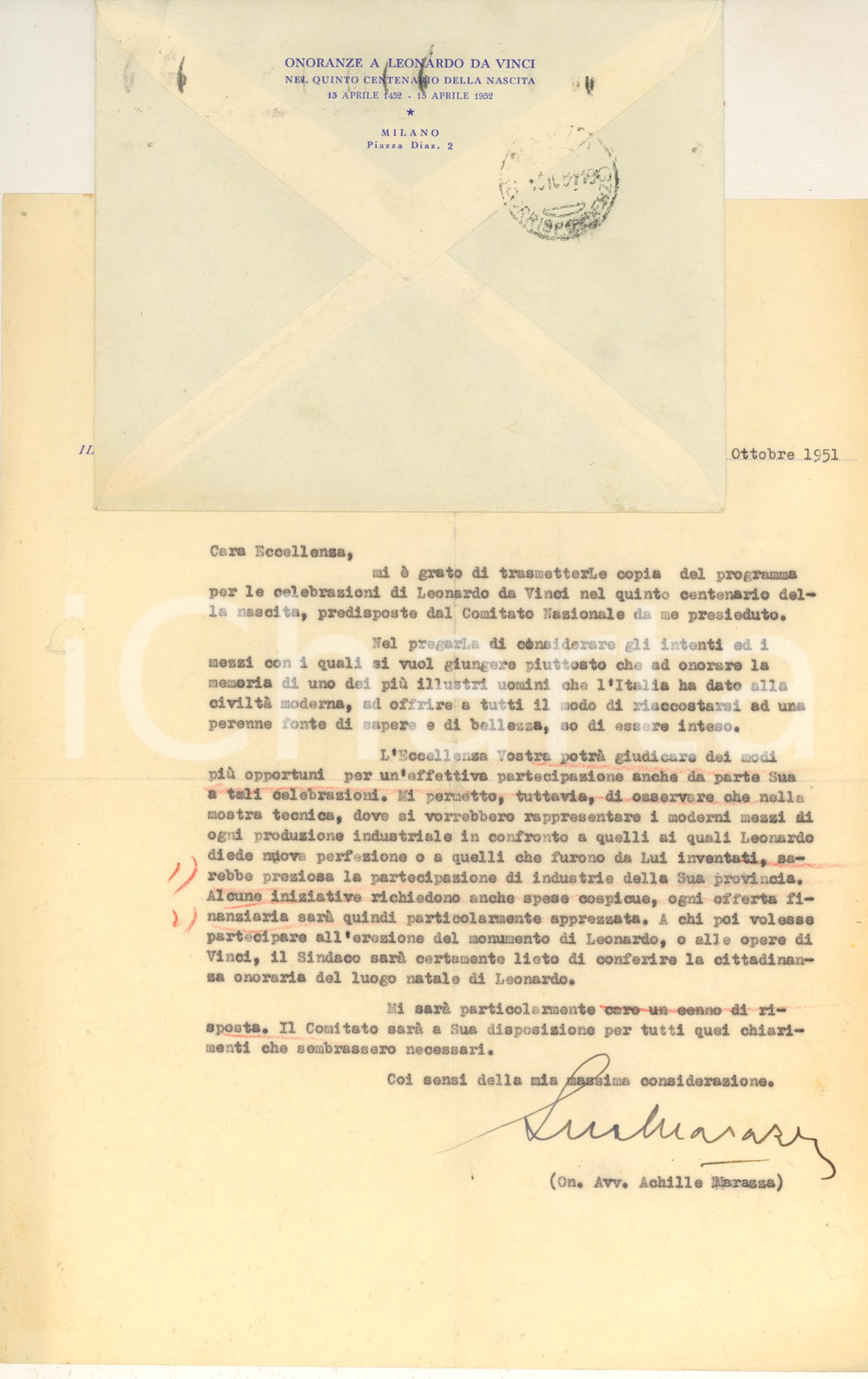 Autografo originale 1951 MILANO Lettera onoranze a LEONARDO - Autografo Achille MARAZZA 1