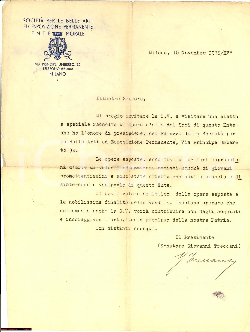 Autografo originale 1936 MILANO Lettera Giovanni TRECCANI per PERMANENTE Autografo 1