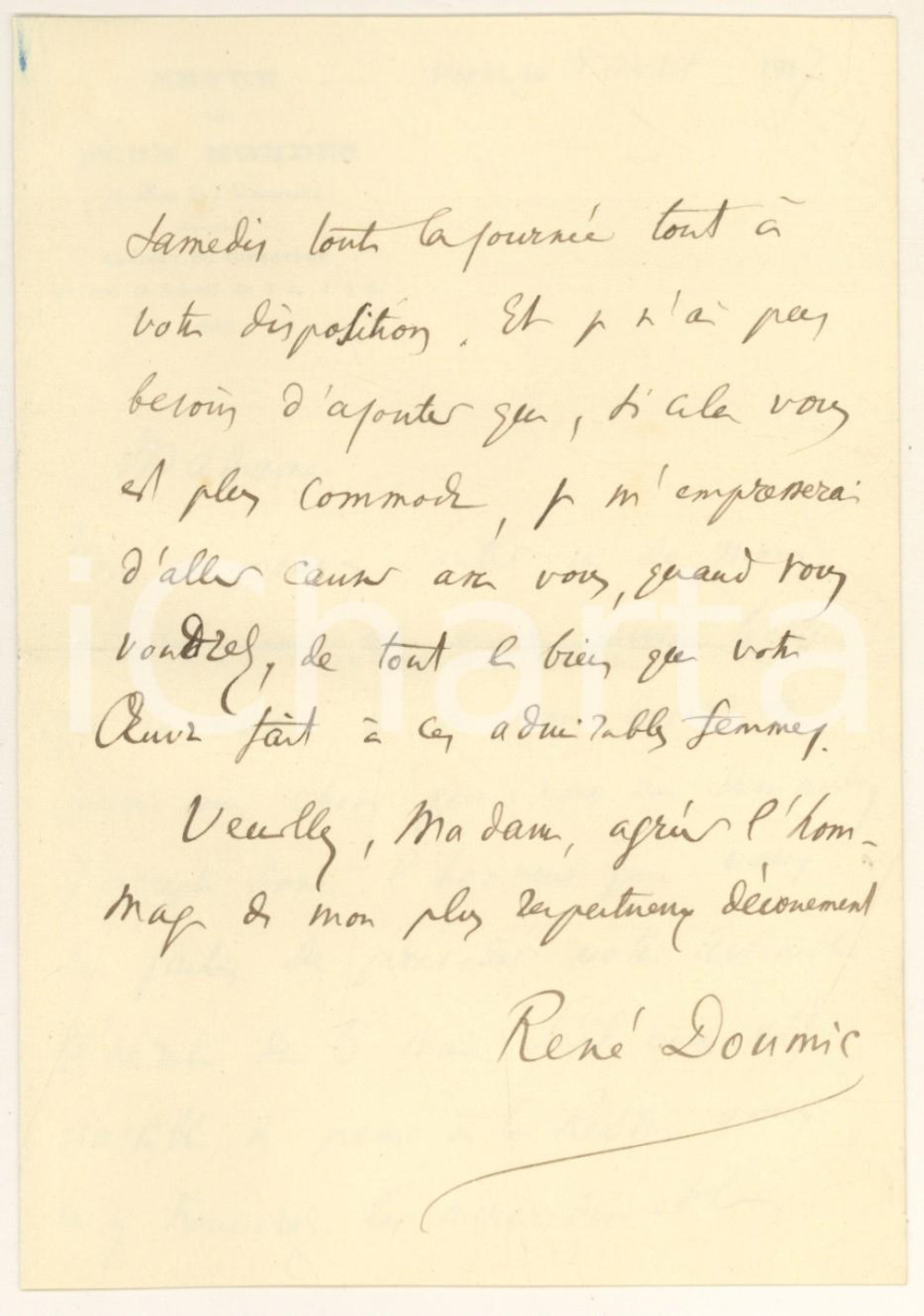 Autografo originale 1917 PARIS REVUE DES DEUX MONDES RenÃ© DOUMIC accetta un incarico AUTOGRAFO 1