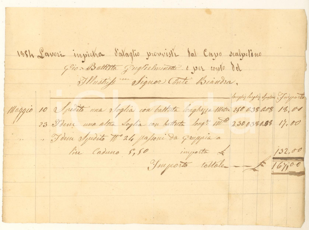 Documento originale, autentico 1854 TORINO Conto scalpellino GUGLIELMINOTTI per conte BIANDRA  DI REAGLIE 1