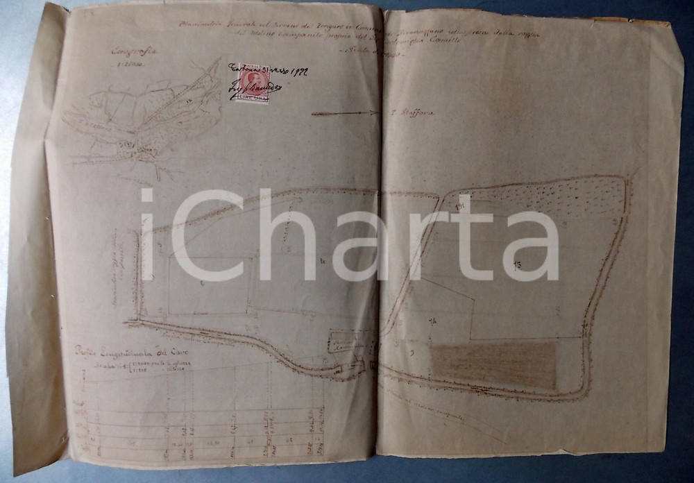 Mappa, planimetria storica 1922 RIVANAZZANO (PV) Planimetria terra da irrigare di Camillo CORTEMIGLIA 50x35 1