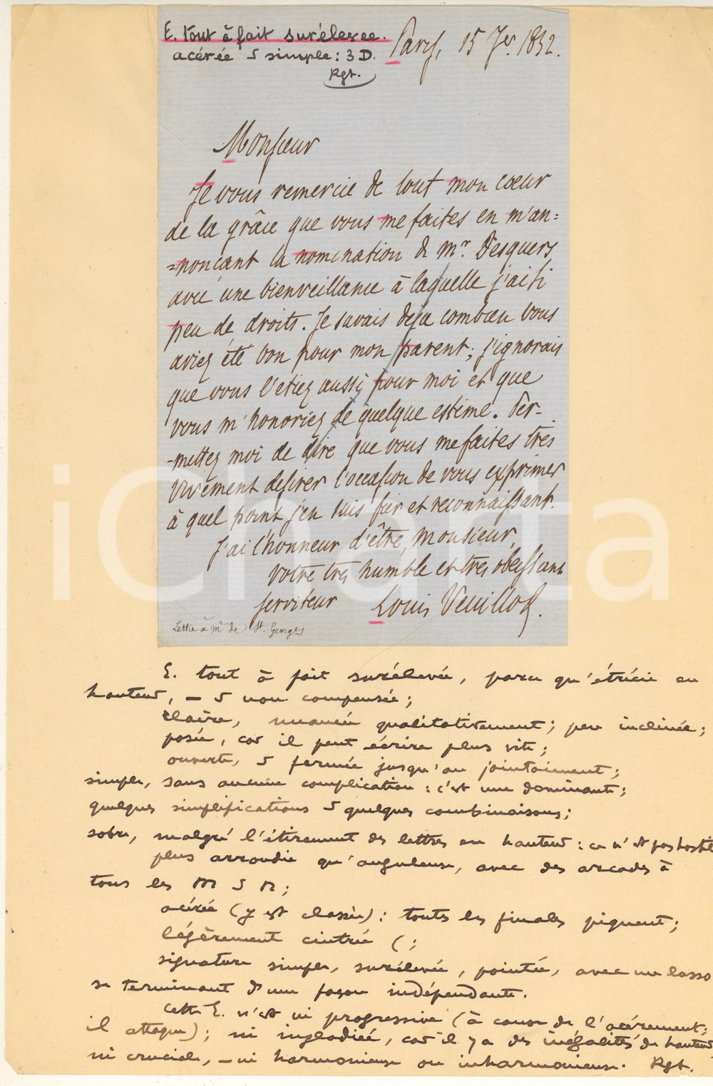 Autografo originale 1832 PARIS Louis VEUILLOT ringrazia per la nomina di M. DESQUERS AUTOGRAFO 1