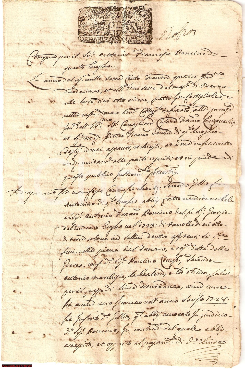 Documento originale, autentico 1734 COSTIGLIOLE AT Secondo GILLIO vende podere GIARE Manoscritto 1