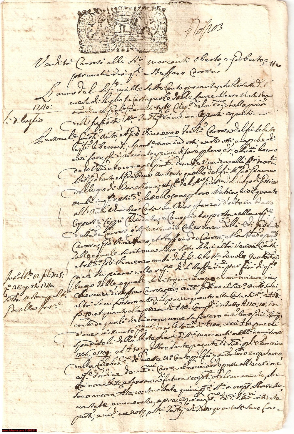 Documento originale, autentico 1740 CASTAGNOLE LANZE (AT) Vendita casa fratelli CAROSSO ai mercanti OBERTO 1