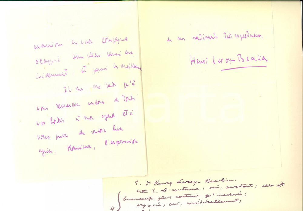 Autografo originale 1930 MONTPLAISIR Henri LEROYBEAULIEU trova articolo sul padre AUTOGRAFO 1