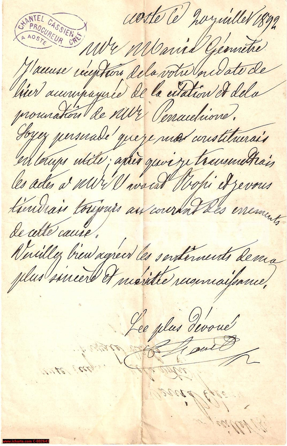 Documento originale, autentico 1892 AOSTA Procuratore Cassien CHANTEL su causa in corso - Lettera 1