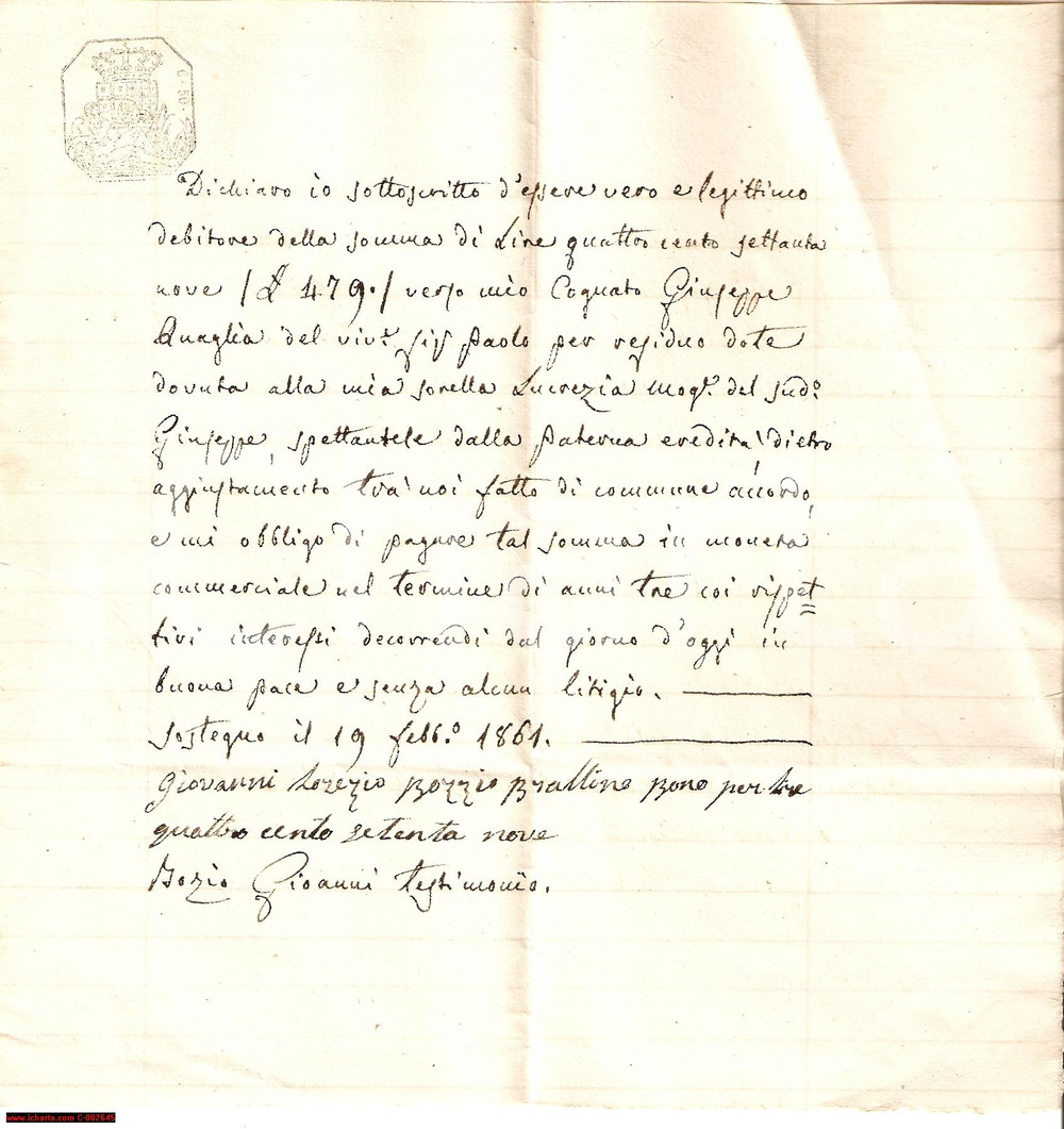 Documento originale, autentico 1861 SOSTEGNO (BI) Giovanni BOGGIO versa la dote della sorella - Obbligazione 1