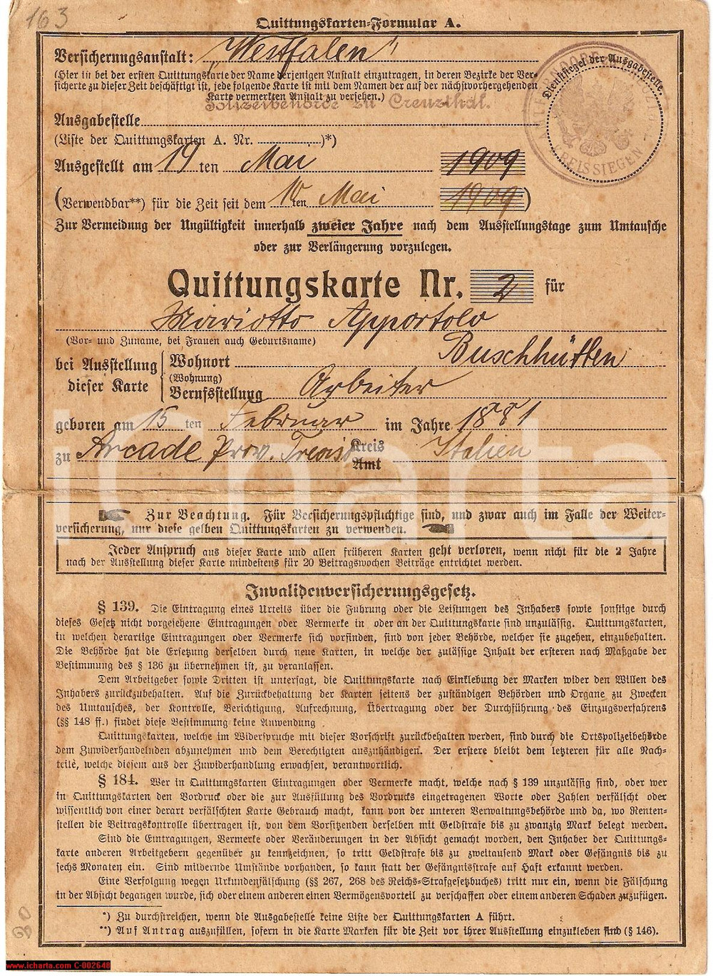 Oggetto da collezione cartaceo 1909 BUSCHHUTTEN Tessera Apostolo ARVIOTTO emigrato 1