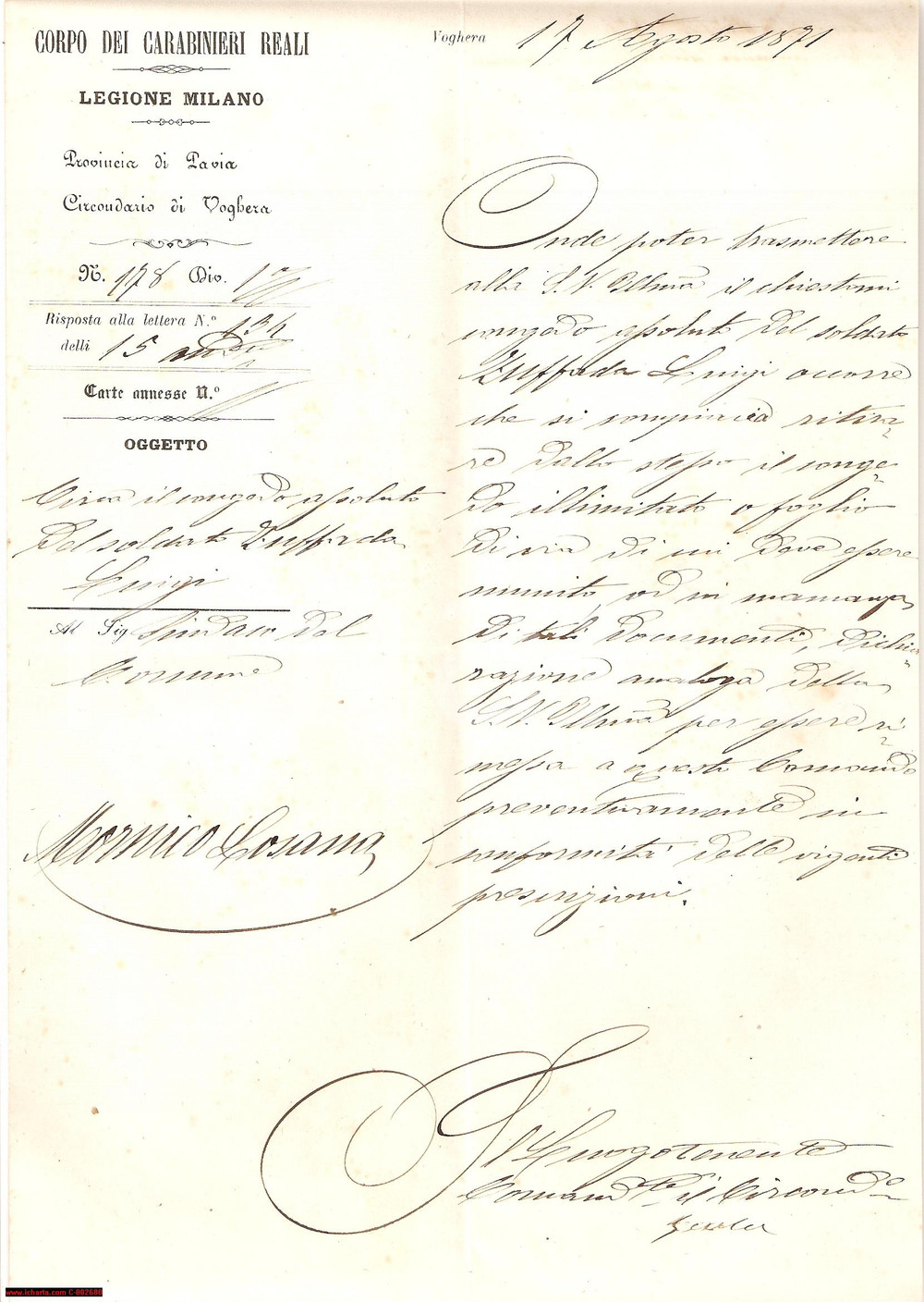 Documento originale, autentico 1871 MORNICO LOSANA - CARABINIERI REALI Congedo Luigi ZUFFADA soldato - Lettera 1