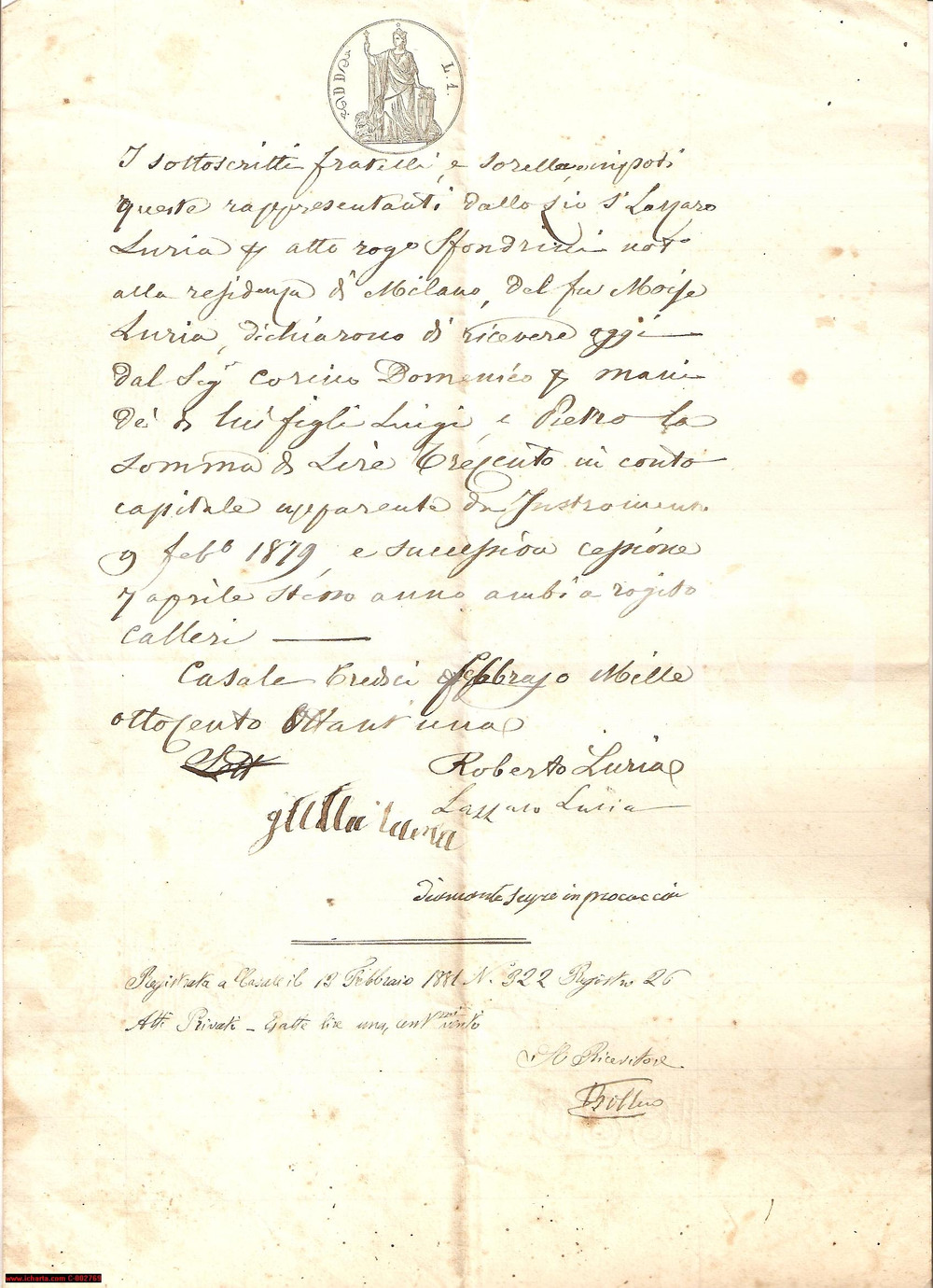 Documento originale, autentico 1881 CASALE MONFERRATO Saldo per vendita a fratelli LURIA 1