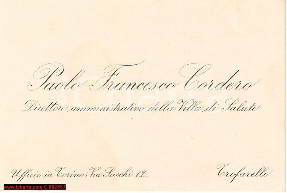 Oggetto da collezione cartaceo 1930 TROFARELLO Villa di Salute - Paolo Francesco CORDERO - Biglietto da visita 1