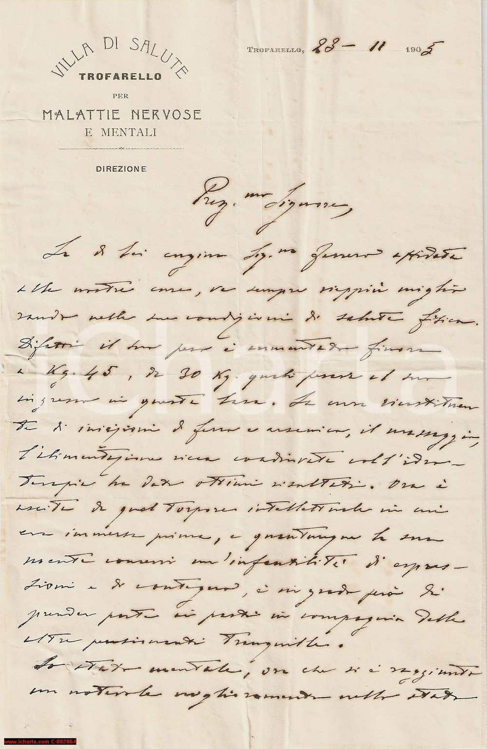 Manoscritto, lettera originale 1905 TROFARELLO Villa di Salute - Progressi malata mentale *Dott. L. MARIANI 1