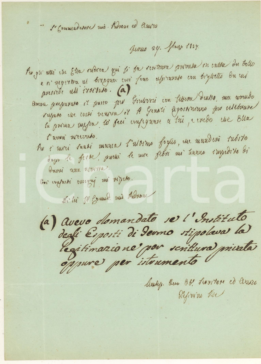 Manoscritto, lettera originale 1857 FERMO Zeffirino RE consegna pacco a padre GENTILI agostiniano *Autografo 1