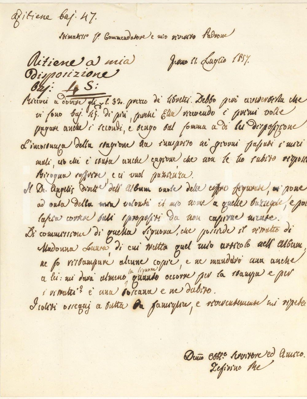 Manoscritto, lettera originale 1857 FERMO Zeffirino RE contro DE ANGELIS che non capisce niente *Autografo 1