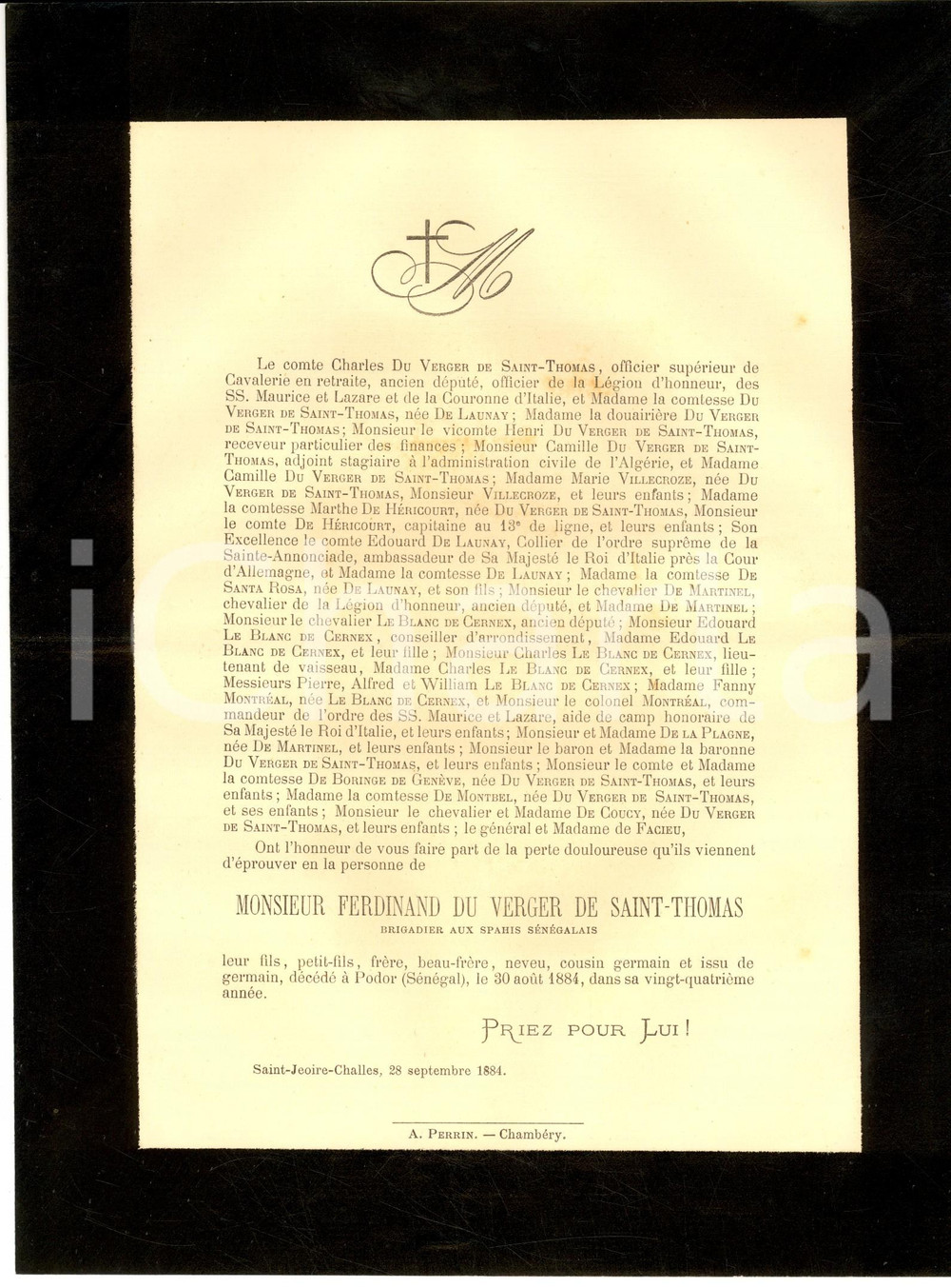 Documento originale, autentico 1884  SAINTJEOIREPRIEURE  Avis de dÃ©cÃ¨s Ferdinand DU VERGER DE SAINTTHOMAS 1