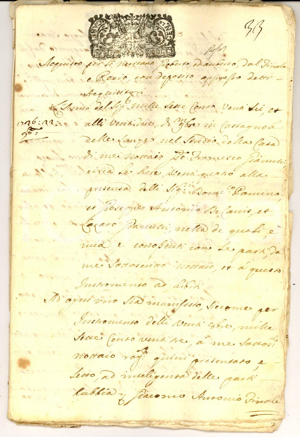 Documento originale, autentico 1726 CASTAGNOLE LANZE Acquisto casa Pietro GIOBERTO e Pietro AUBERTO 32 pp. 1