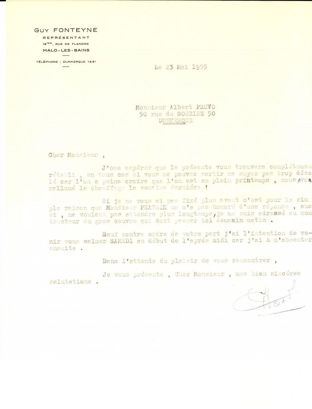 Documento originale, autentico 1955 MALO-LES-BAINS (F) Guy FONTEYNE senza risposta da FranÃ§ois PEATRICK 1