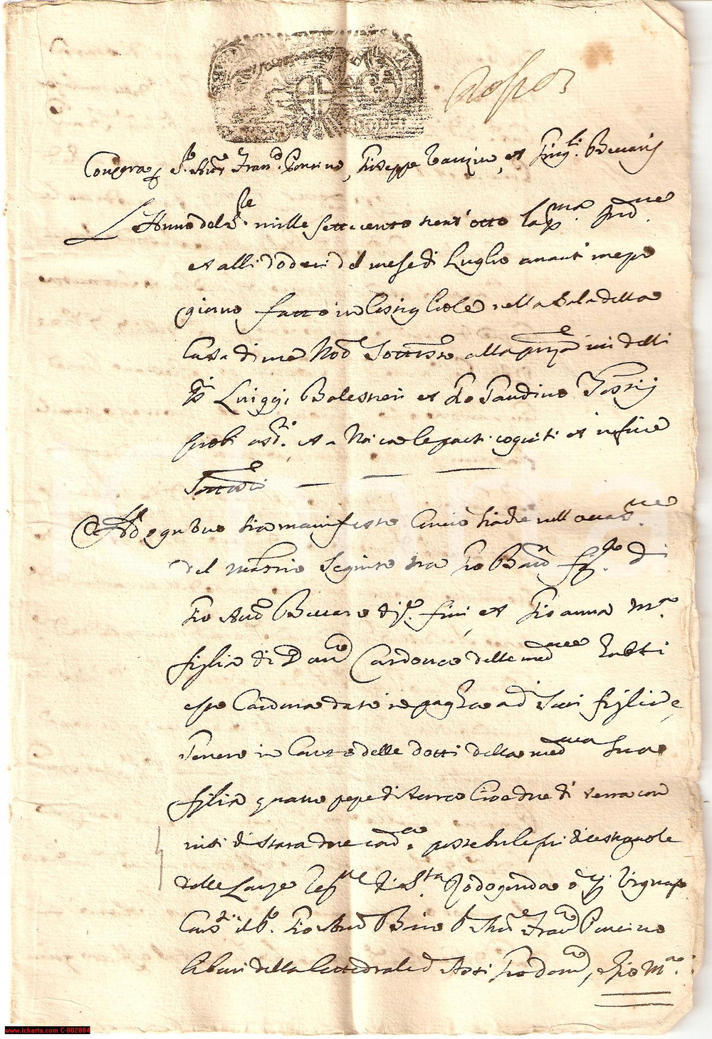 Documento originale, autentico 1738 COSTIGLIOLE D ASTI AT Terreno in Santa RADEGONDA  Vendita 1