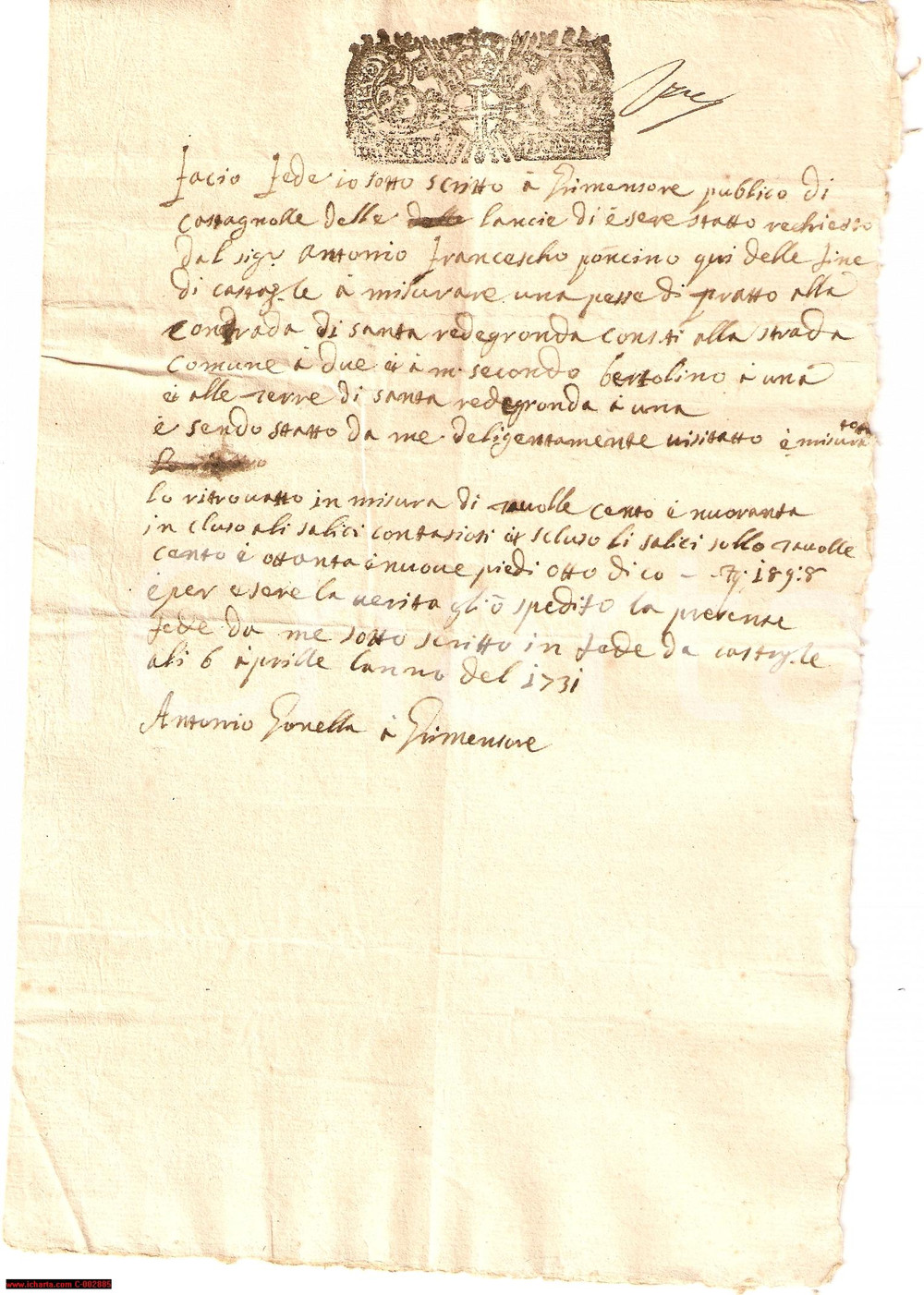 Documento originale, autentico 1731 CASTAGNOLE LANZE AT Antonio GONELLA perizia le terre di Antonio SONCINO 1