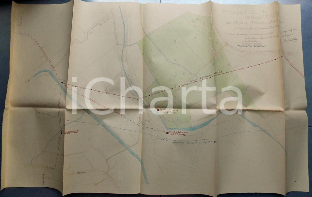 Mappa, planimetria storica 1932 PAVIA Progetto irrigazione per podere FORESTA proprietÃ  DELL'ACQUA 85x50 1