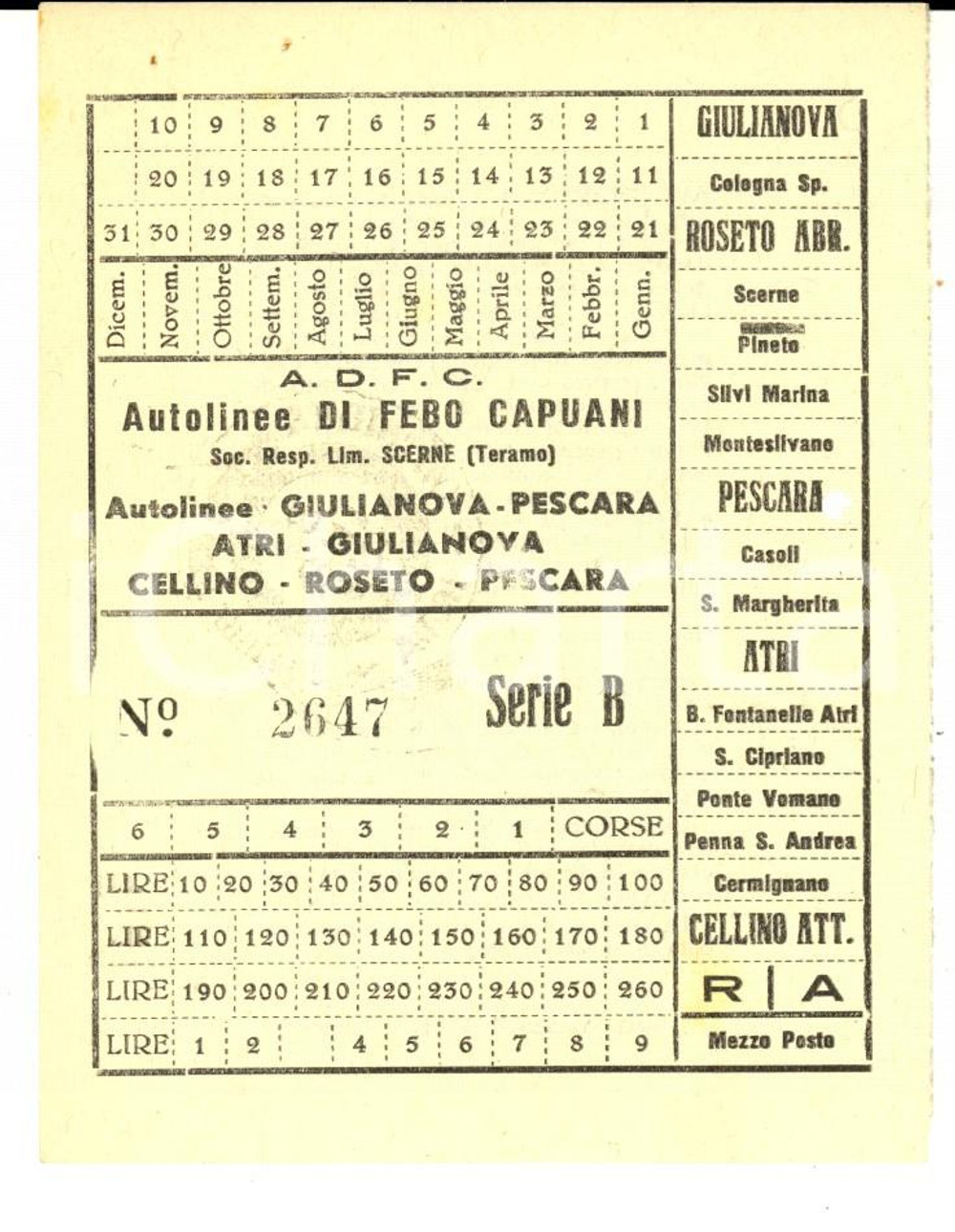 Oggetto da collezione cartaceo 1940 ca Autolinee ADFC Febo CAPUANI Linea GIULIANOVAPESCARA Abbonamento 1