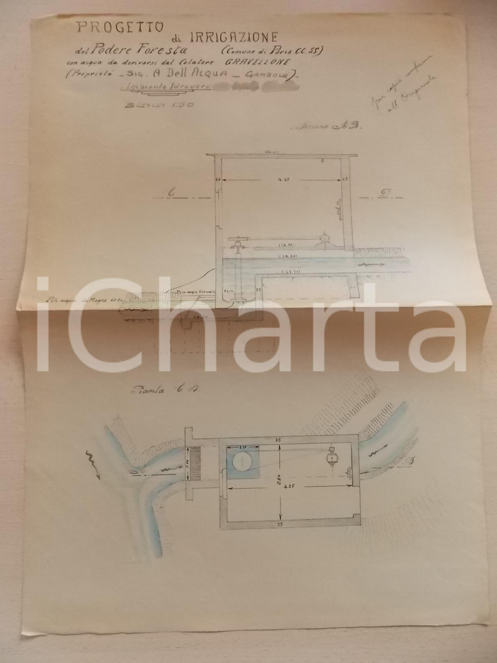 Documento originale, autentico 1932 PAVIA Progetto impianto idrovoro per podere FORESTA proprietÃ  DELL'ACQUA 1