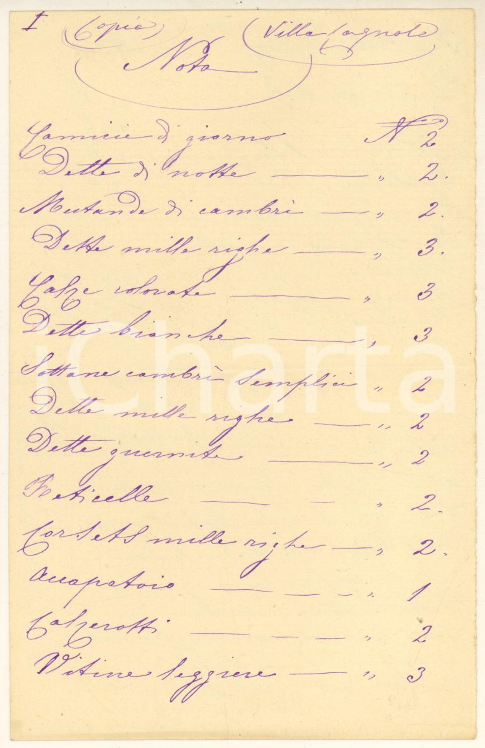 Documento originale, autentico 1880 ca GAZZADA SCHIANNO (VA) VILLA CAGNOLA Biancheria di una nobildonna 1