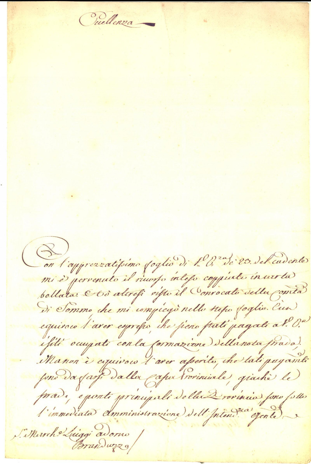 Documento originale, autentico 1784 SOMMO (PV) Antonio CACCIA ROMENTINO su spese per strada del marchese ADORNO 1