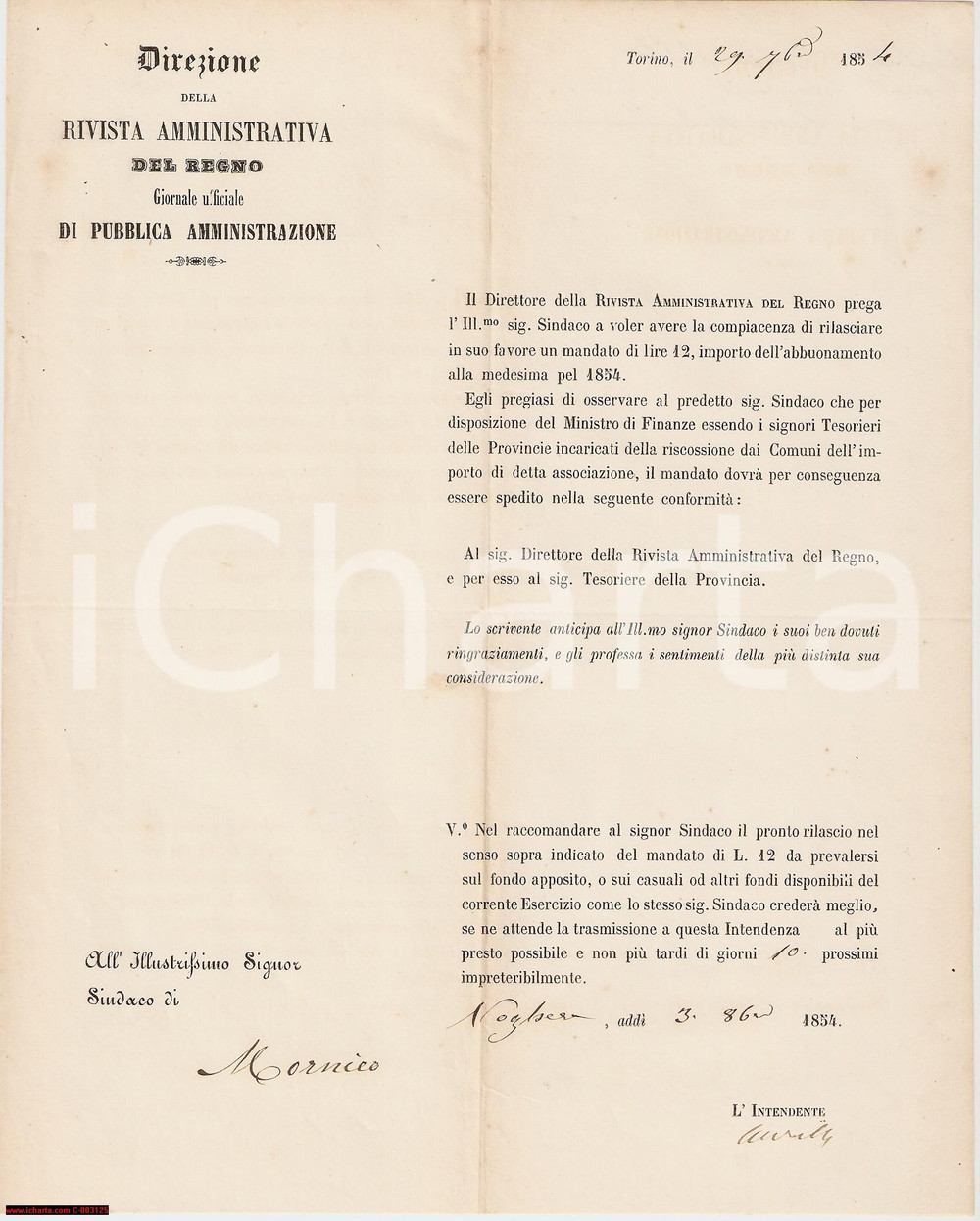 Documento originale, autentico 1854 MORNICO LOSANA Abbonamento Rivista Amministrativa - Lettera 1