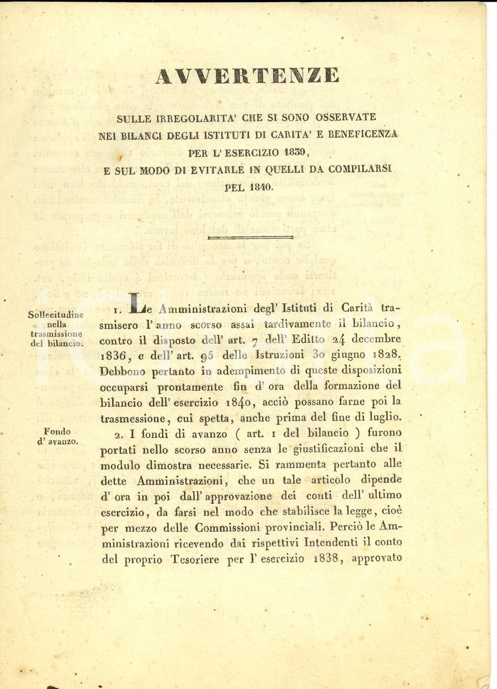Documento originale, autentico 1840 ROMA Bilanci irregolari degli Istituti di caritÃ  - Avvertenza 1