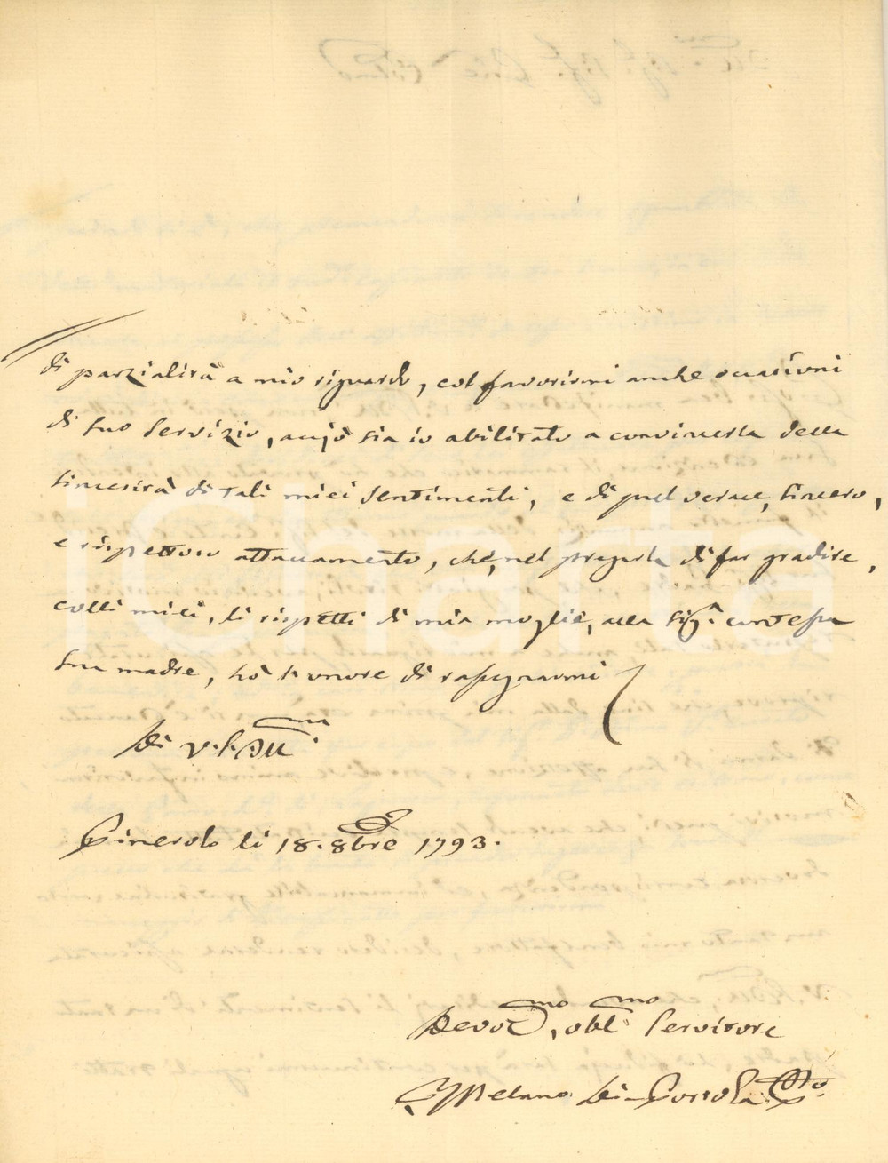 Autografo originale 1793 PINEROLO (TO) Condoglianze del nobile Gabriele MELANO DI PORTULA *Autografo 1