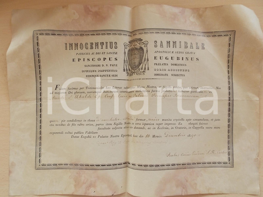 Documento originale, autentico 1890 GUBBIO (PG) Certificato di autenticitÃ  reliquia della veste di SANT'UBALDO 1