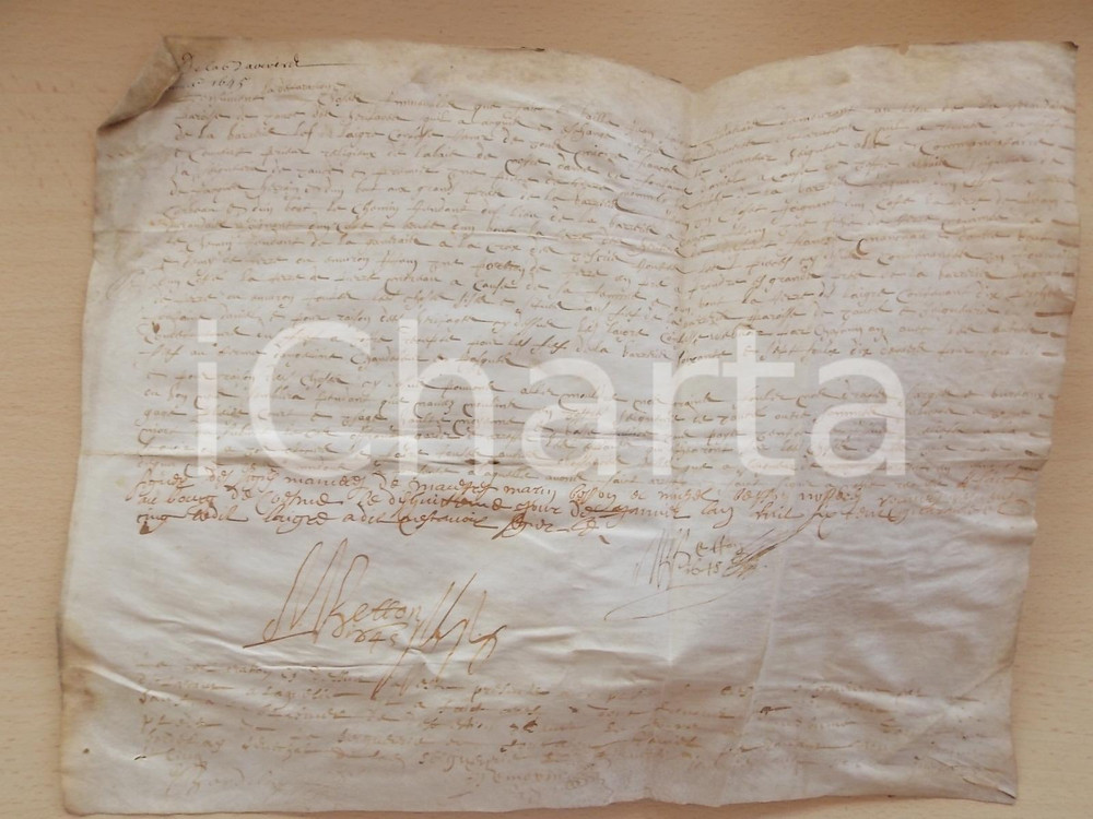 Documento originale, autentico 1645 Abbaye de la FONTAINE-DANIEL (MAYENNE) Concessione terre a Jean LAIGRE 1