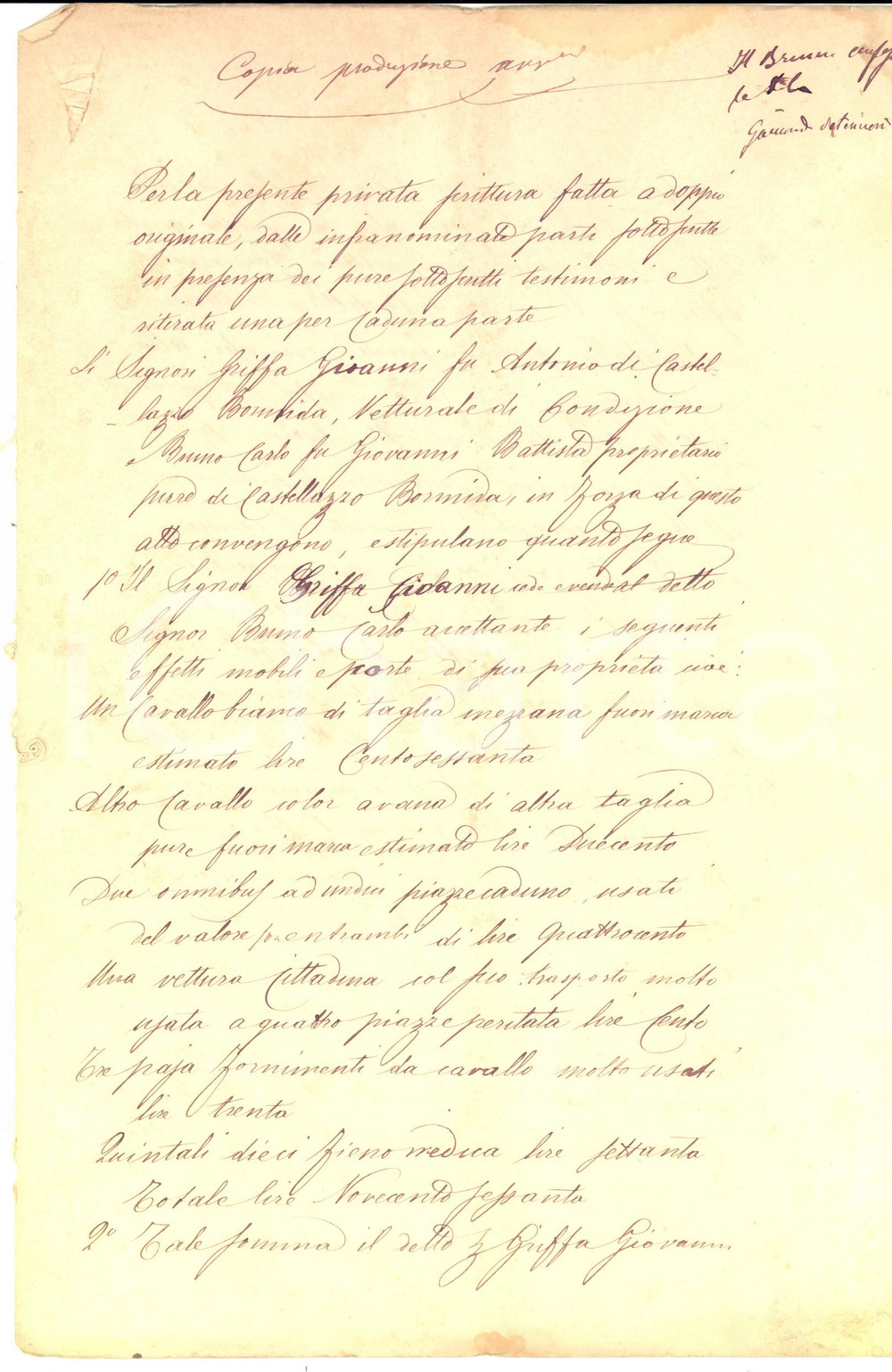 Documento originale, autentico 1874 CASTELLAZZO BORMIDA Giovanni GRIFFA vende cavalli e omnibus a Carlo BRUNO 1