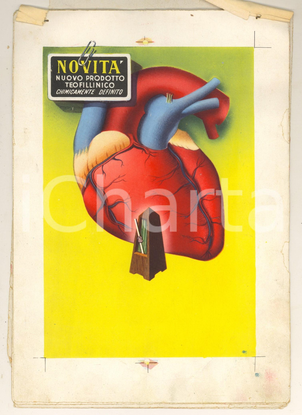 1960 ca FARMACEUTICA Pubblicità prodotto teofillinico Bozzetti prove colore RARO Raro bozzetto (prove di stampa) pubblicitario farmaceutico, con sette prove di colore.Il bozzetto è stato realizzato per un farmaco destinato alle cardiopatie, il cui nome non era ancora stato definito per la commercializzazione.In copertina, il risultato finale in quadricromia.PAGINE: 8 fogliFORMATO: 25 x 13 cm POOR/danneggiato piegature e piccoli tagli marginali; macchie  originale e autentica 1