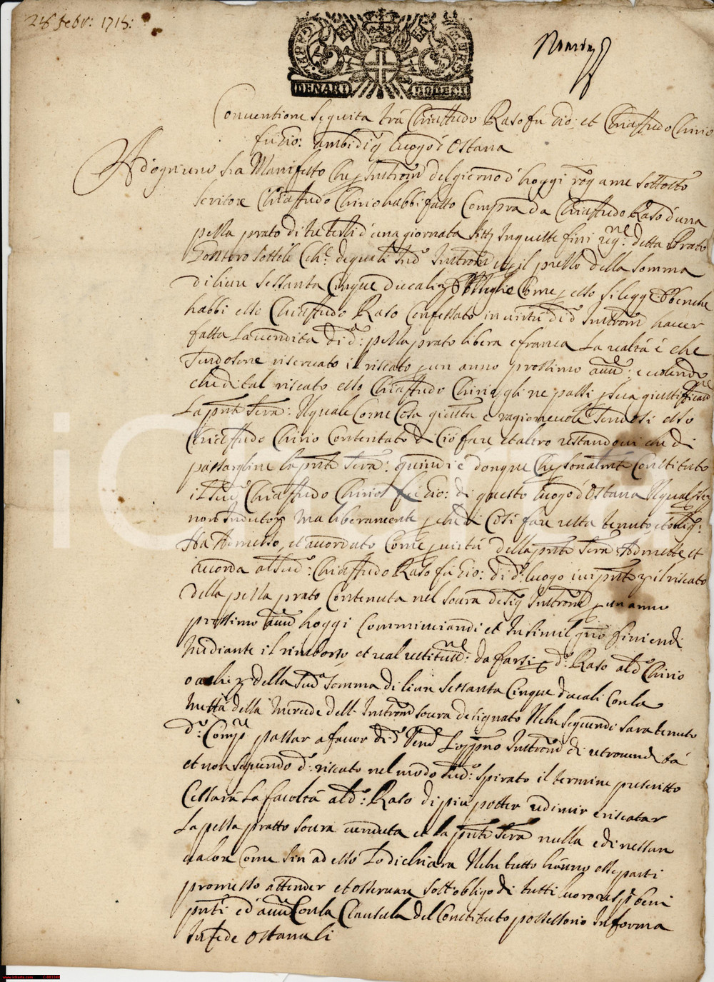 Documento originale, autentico 1715 OSTANA Chiaffredo RASO vende prato con clausola di riscatto Manoscritto 1