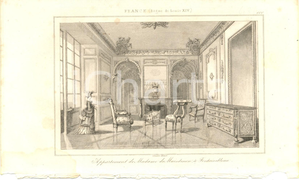Stampa, bozzetto originale 1840 FONTAINEBLEAU FRANCE Appartement Madame de MAINTENON Stampa inc. LEMAITRE 1