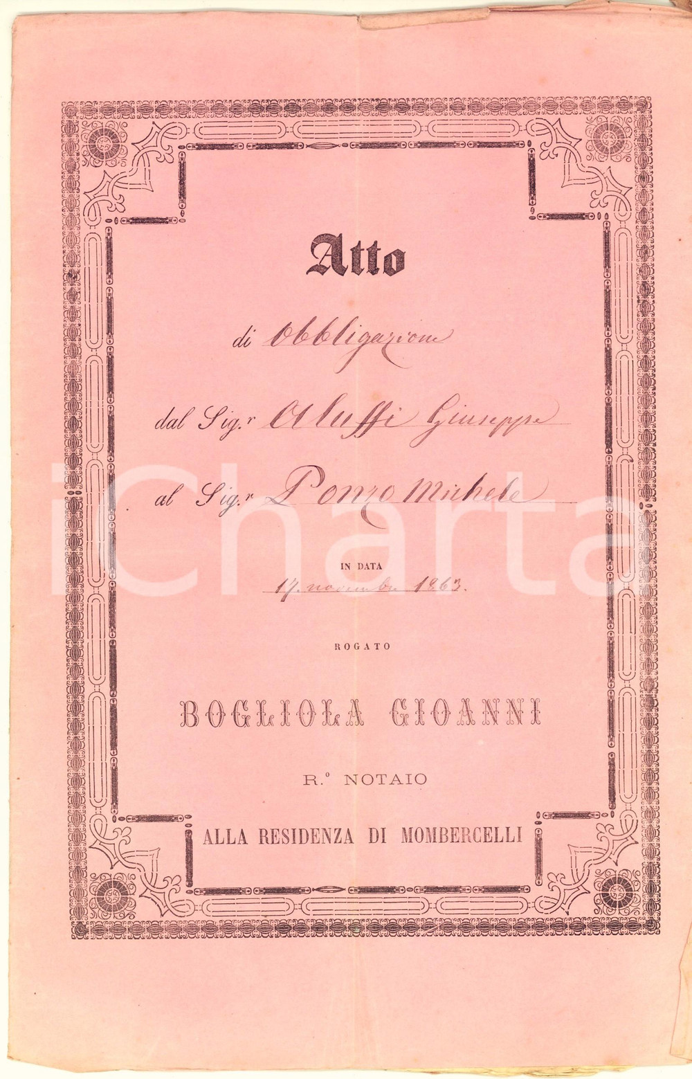 Documento originale, autentico 1863 CASTELNUOVO CALCEA (AT) Giuseppe ALUFFI riceve prestito da Michele PONZO 1
