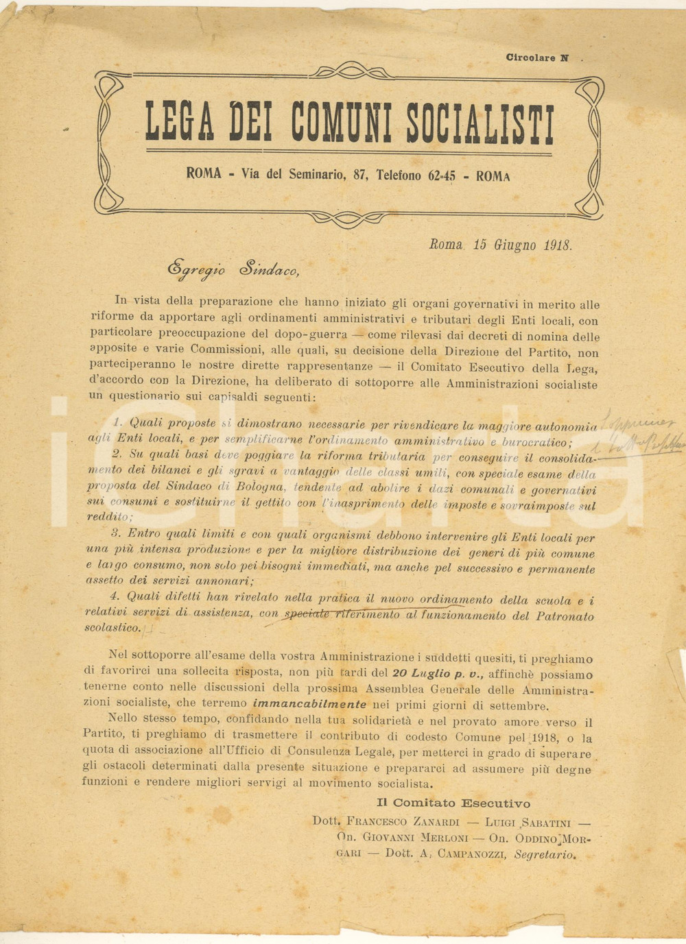 Documento originale, autentico 1918 WW1 Lega dei COMUNI SOCIALISTI pro consumi classi umili  Lettera 1