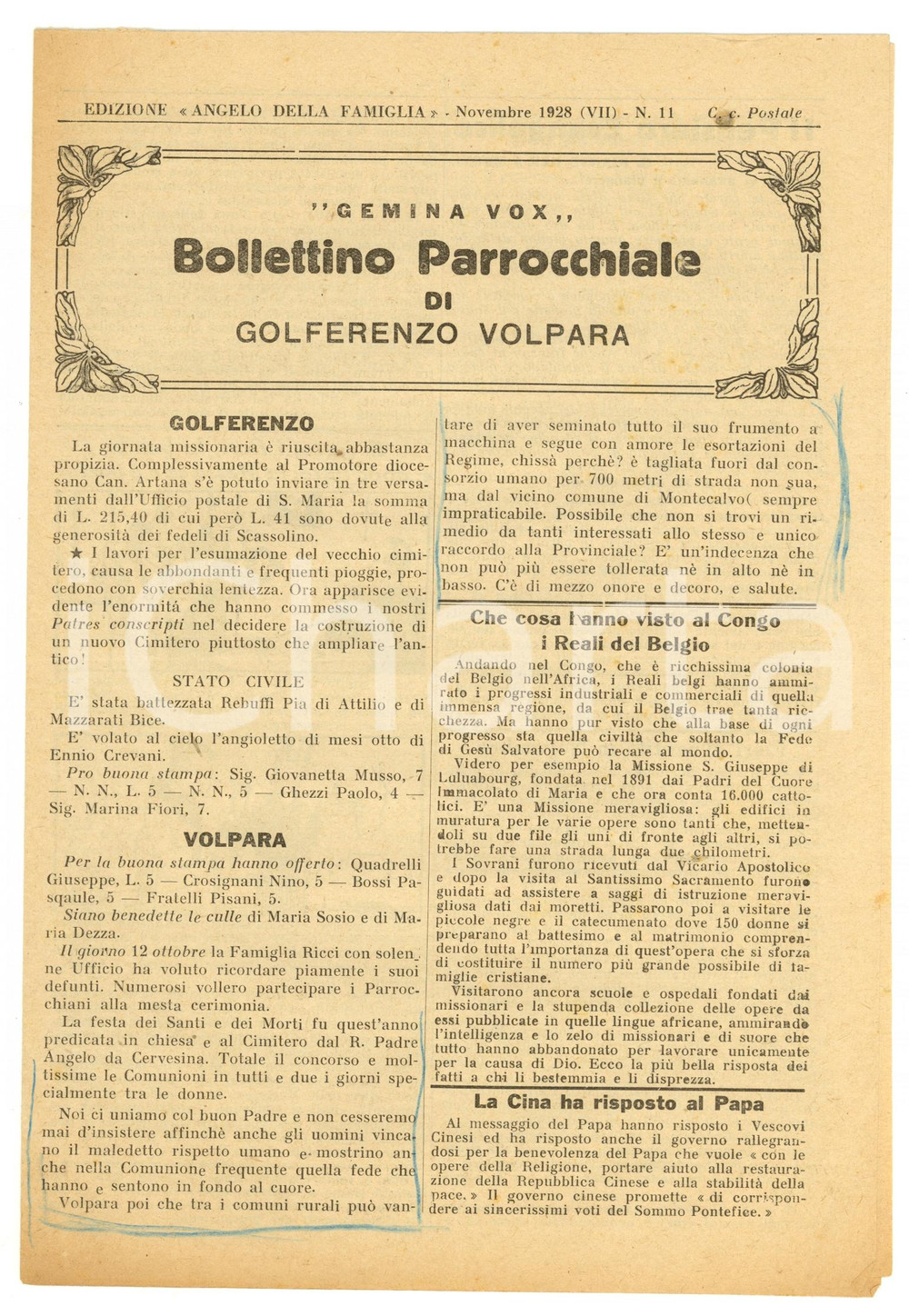 Giornale, rivista storica Novembre 1928 GOLFERENZO / VOLPARA PV Bollettino parrocchiale GEMINA VOX 1