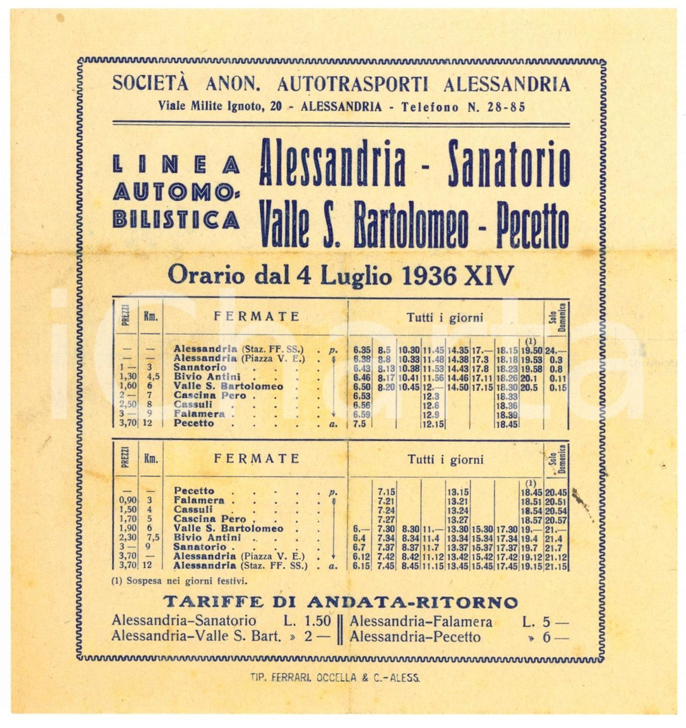 Materiale pubblicitario d’epoca 1936 Autotrasporti ALESSANDRIA  Linea SanatorioPECETTO  Orario 1