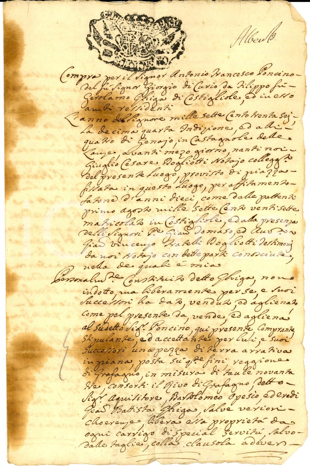 Documento originale, autentico 1736 CASTAGNOLE DELLE LANZE (AT) Filippo GHIGA vende terra in regione GRAFAGNO 1