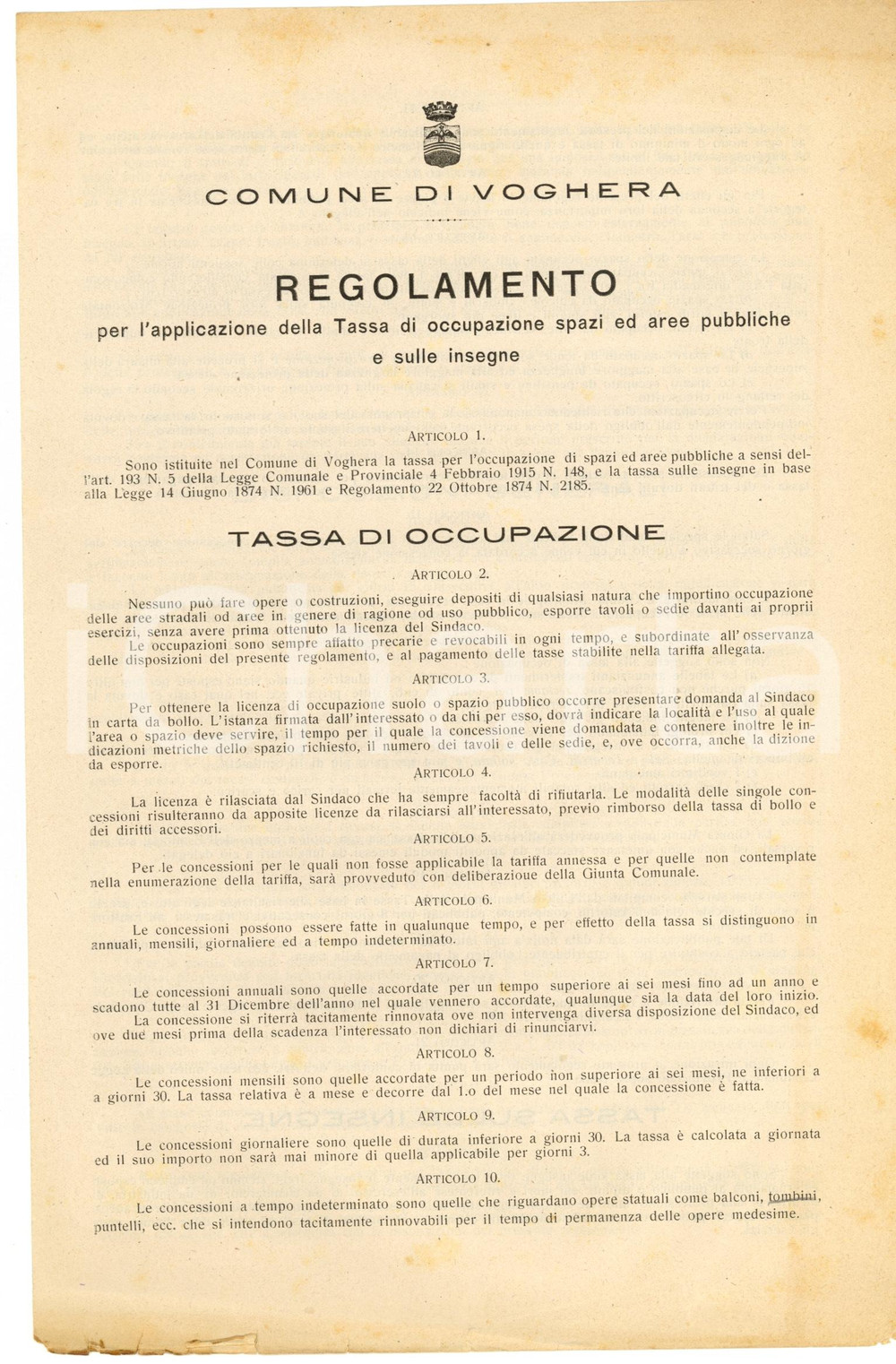 Documento originale, autentico 1921 VOGHERA (PV) Regolamento occupazione suolo pubblico - Documento 1