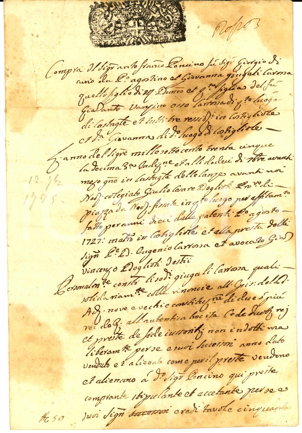 Documento originale, autentico 1735 COSTIGLIOLE D'ASTI Francesco PONCINO acquista terra dei coniugi CAROSSO 1