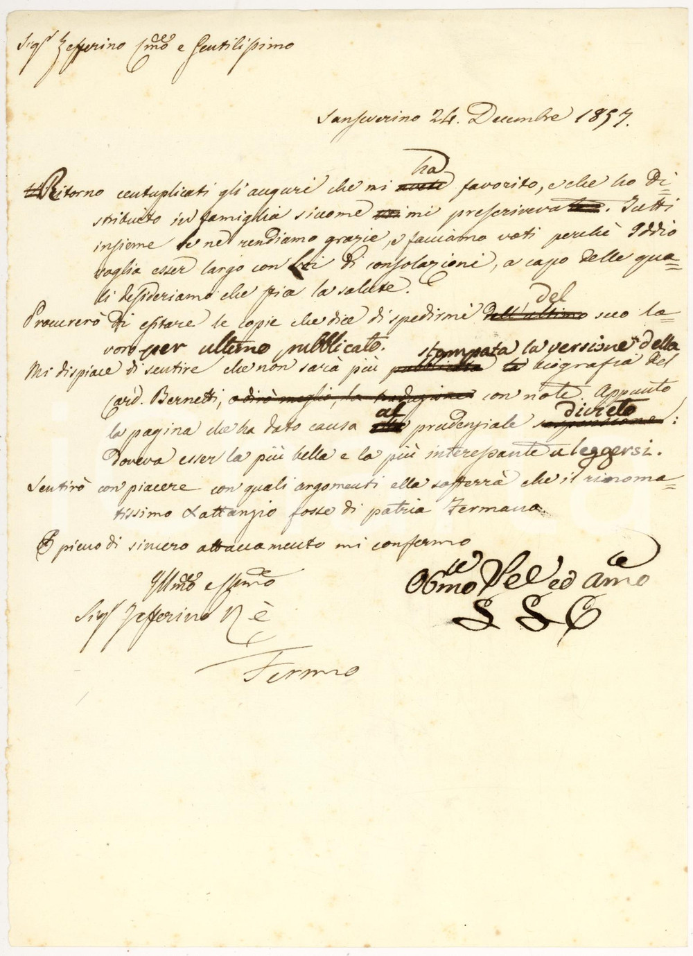 Autografo originale 1857 SANSEVERINO MARCHE Severino SERVANZI COLLIO su biografia card. BERNETTI 1