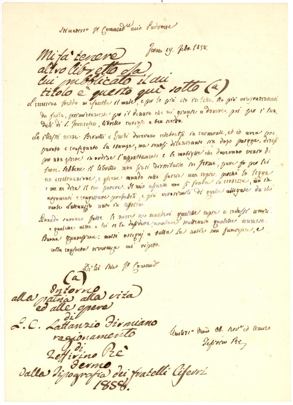 Autografo originale 1858 FERMO Rimandate le nozze BERNETTI - GUIDI Autografo Zeffirino RE 1