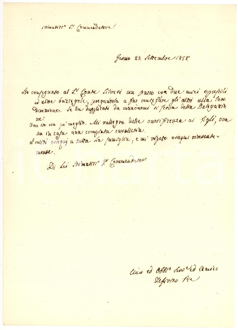 Autografo originale 1858 FERMO Nomine a cavalieri per figli Severino SERVANZI-COLLIO *Lettera 1