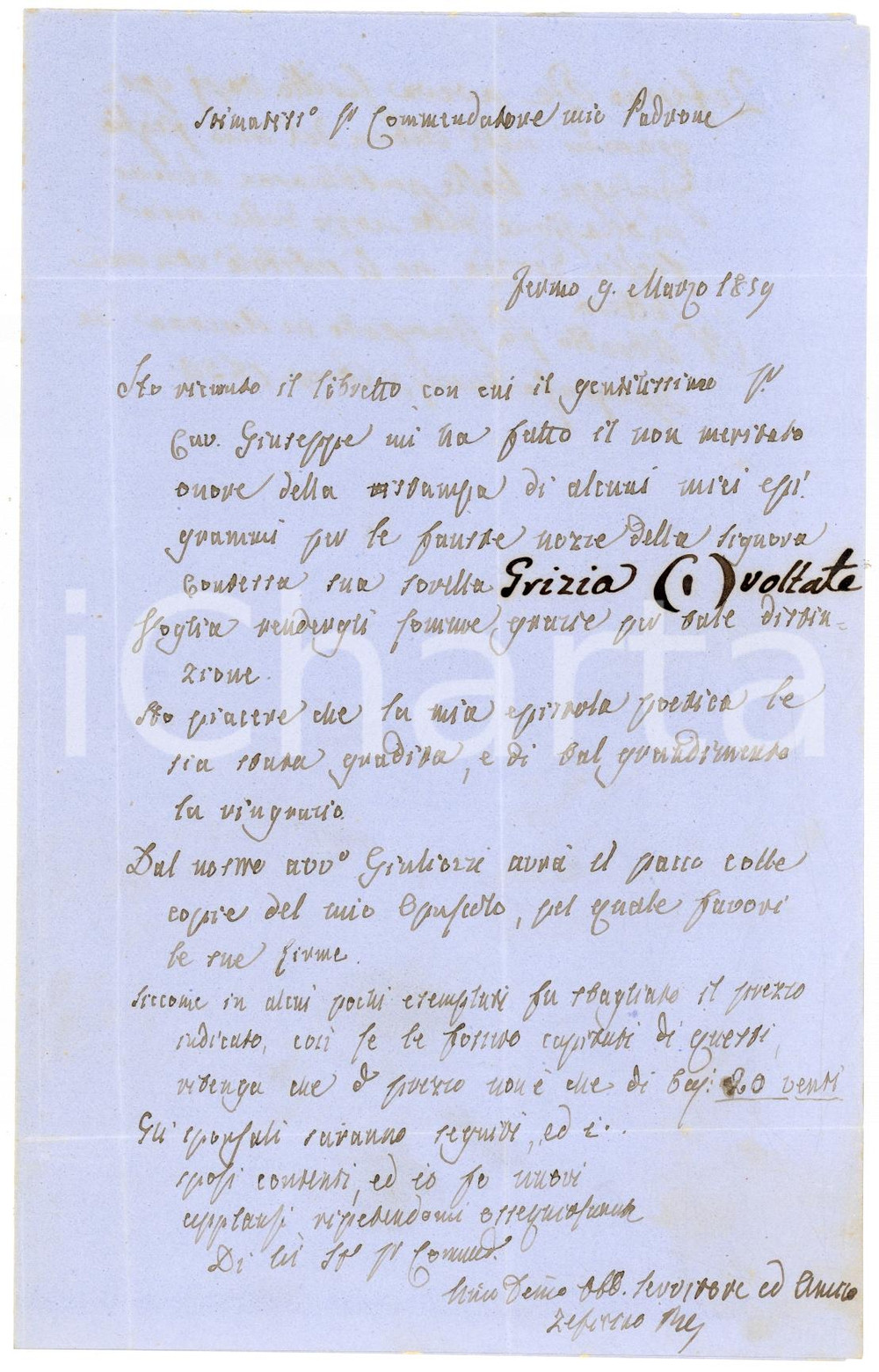 Autografo originale 1859 FERMO Zeffirino RE lieto per ristampa sonetti in onore di Grizia SERVANZI 1