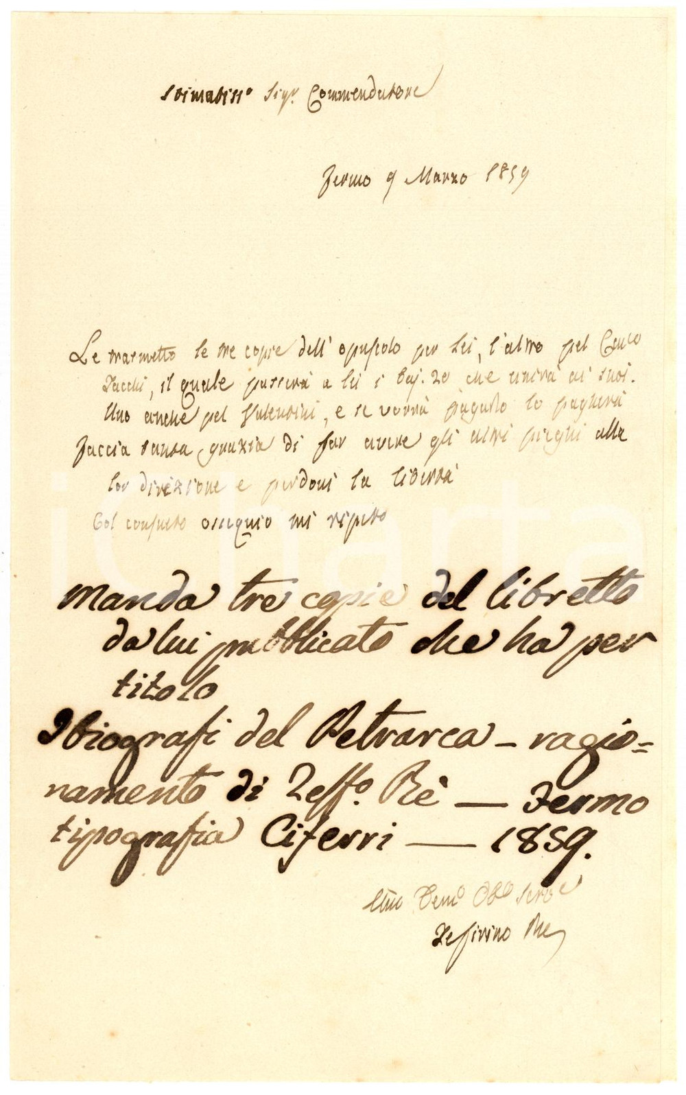 Autografo originale 1859 FERMO Zeffirino RE annuncia l'invio di un suo opuscolo *Autografo 1