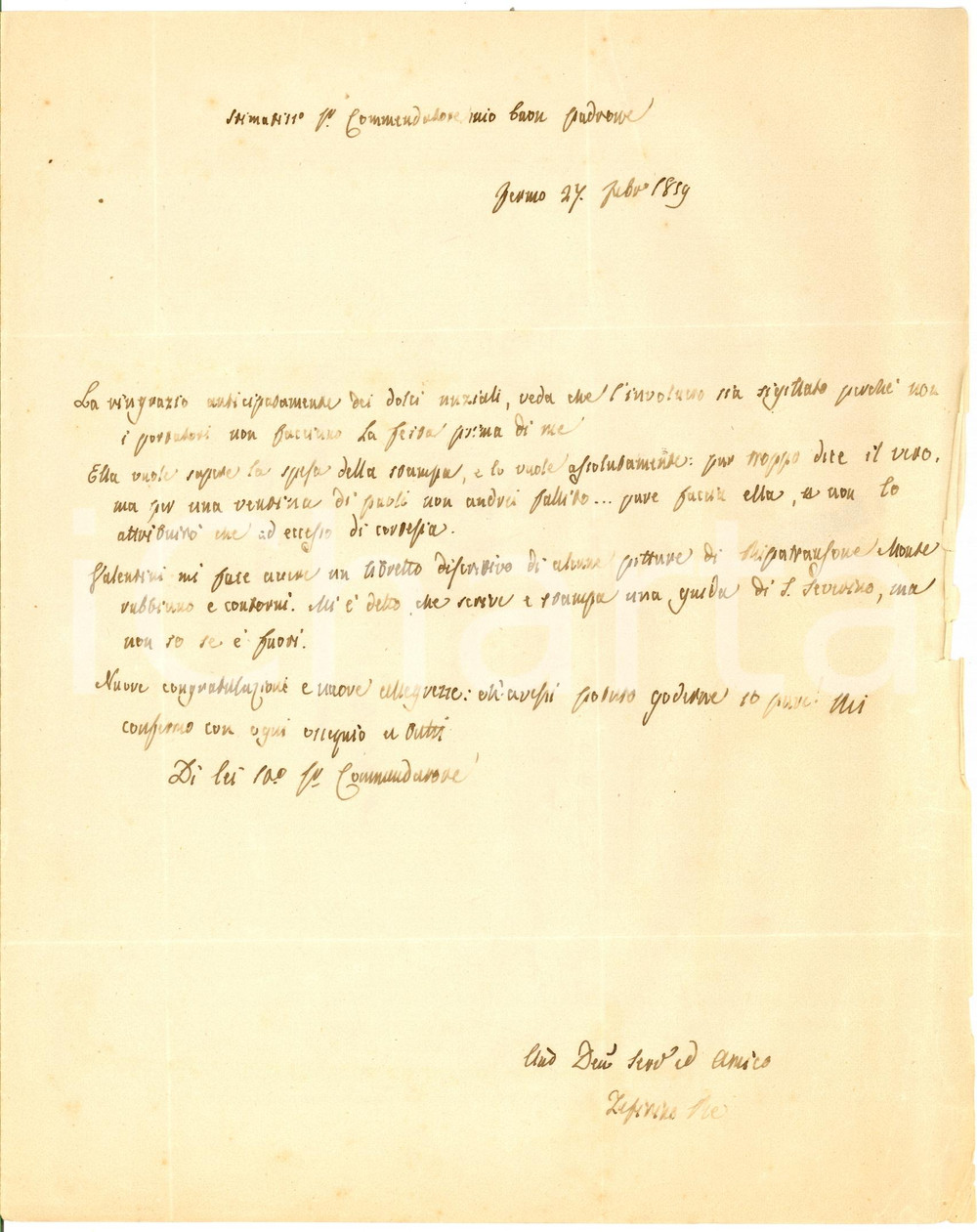 Autografo originale 1859 FERMO Zeffirino RE ringrazia dei dolci nuziali ricevuti *Autografo 1
